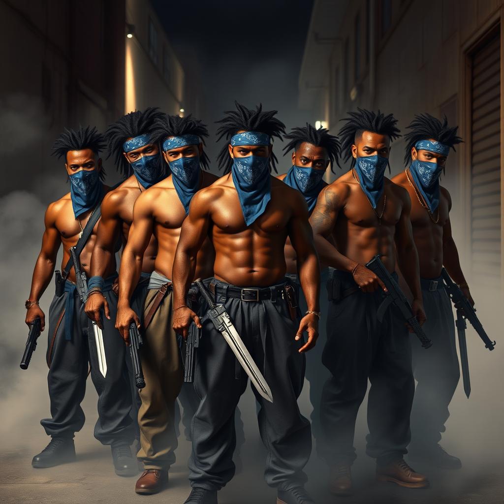 A group of intimidating and muscular African American gang members, varying in heights and sizes, with distinct black hairstyles