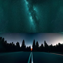 Generate a realistic and enhanced desktop ratio image of a starry night sky shooting over a deserted freeway, fringed by the silhouette of pine trees.