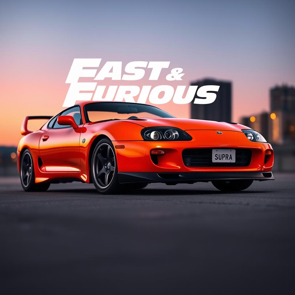 A vibrant orange 1995 Toyota Supra, showcasing its iconic design with smooth curves and sporty details, displayed against an urban backdrop at twilight