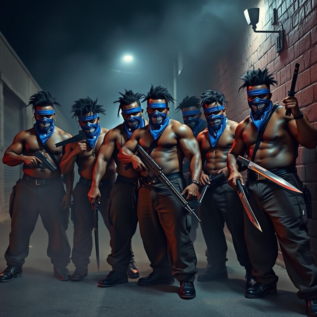 A group of large, muscular African American villain gang members in an ominous Los Angeles back alley at night