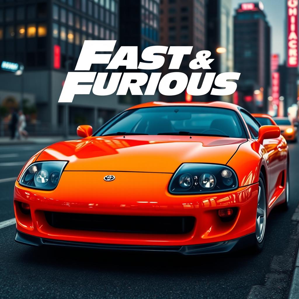 A vibrant orange 1995 Toyota Supra, featuring sleek lines and a sporty design, parked in an urban setting