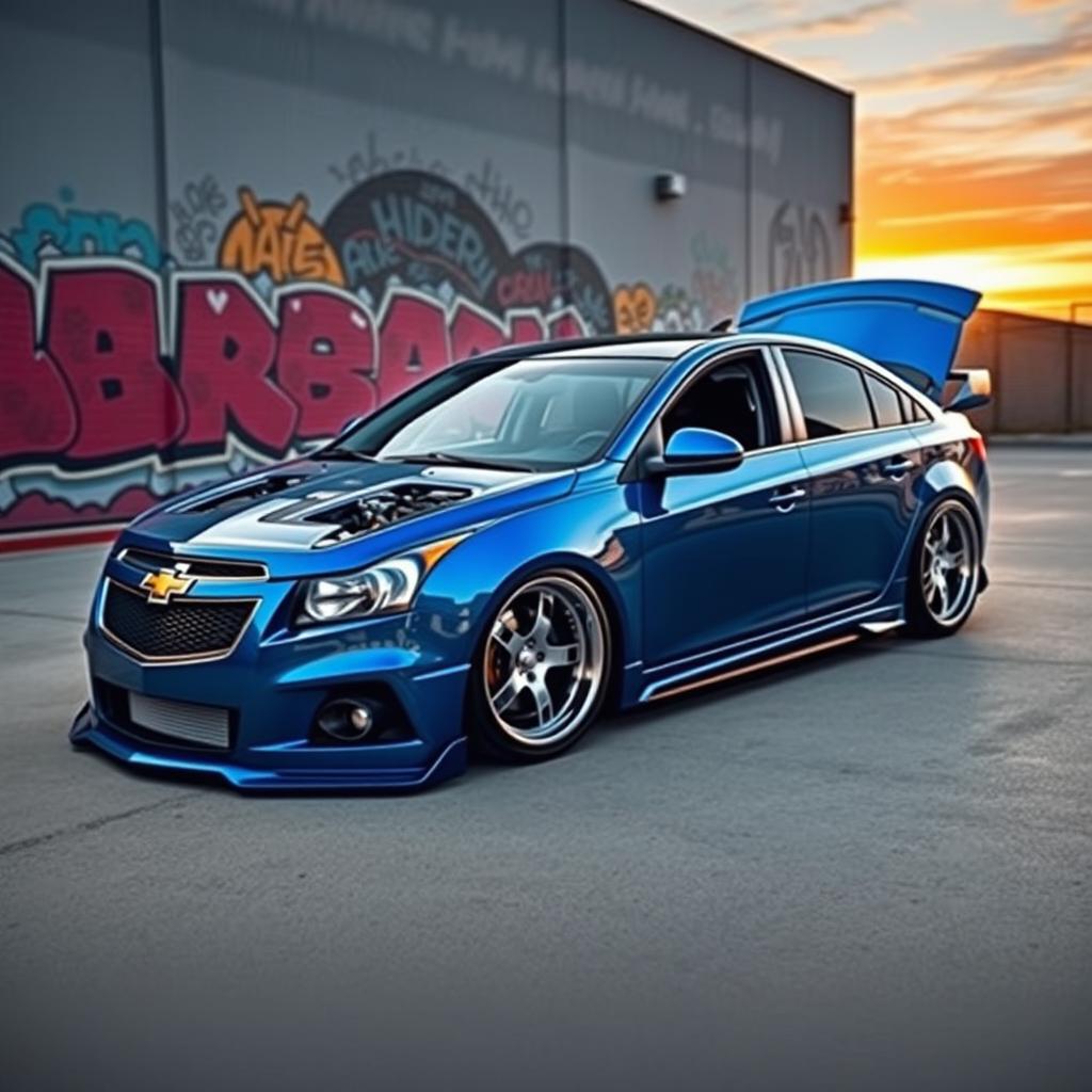 A visually striking modified Chevrolet Cruze, featuring a sleek body kit, lowered suspension, and custom alloy wheels