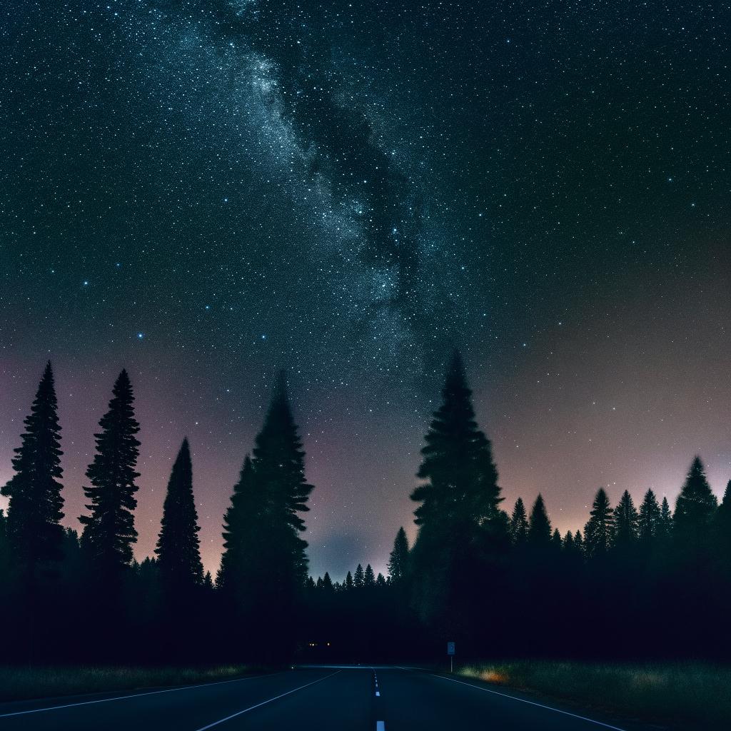 Generate a realistic and enhanced desktop ratio image of a starry night sky shooting over a deserted freeway, fringed by the silhouette of pine trees.