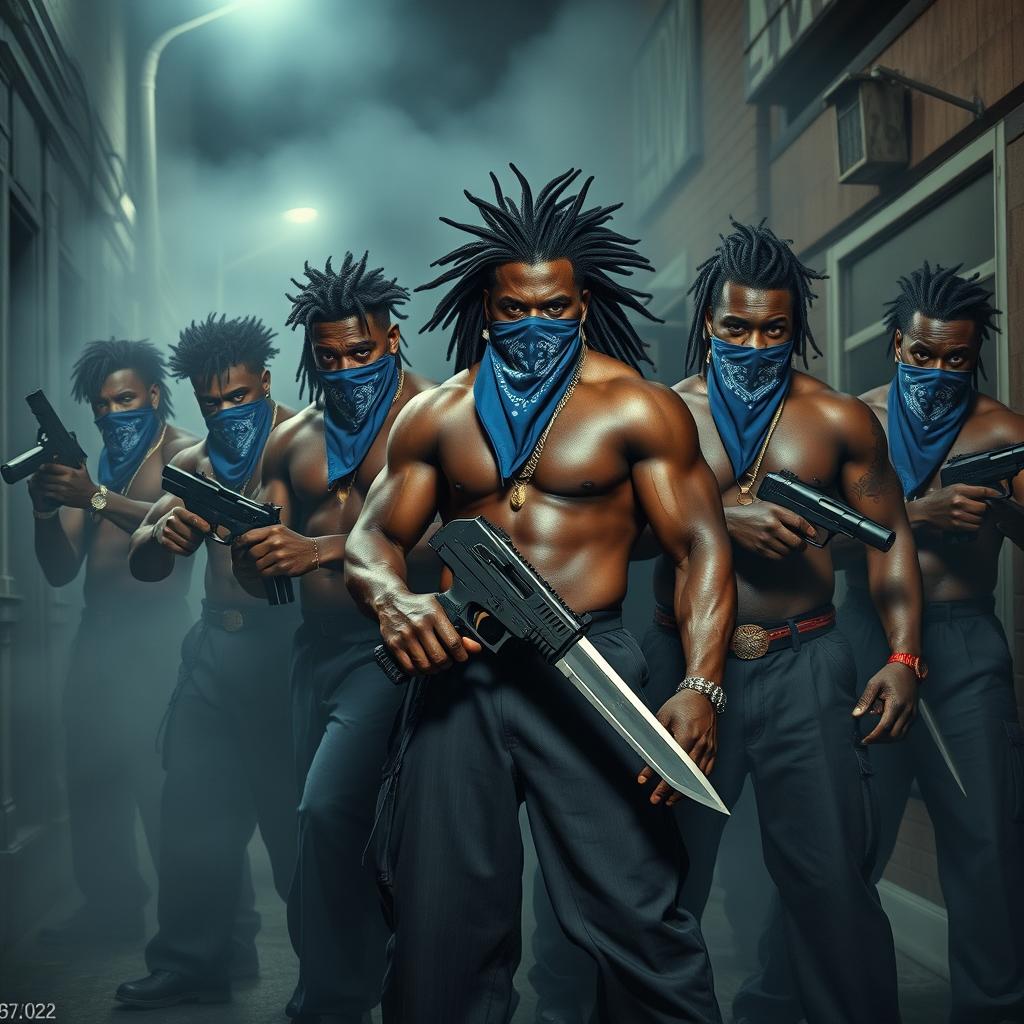 A dramatic scene of a group of large, muscular African American villain gang members of varying heights and sizes, showcasing different black hairstyles