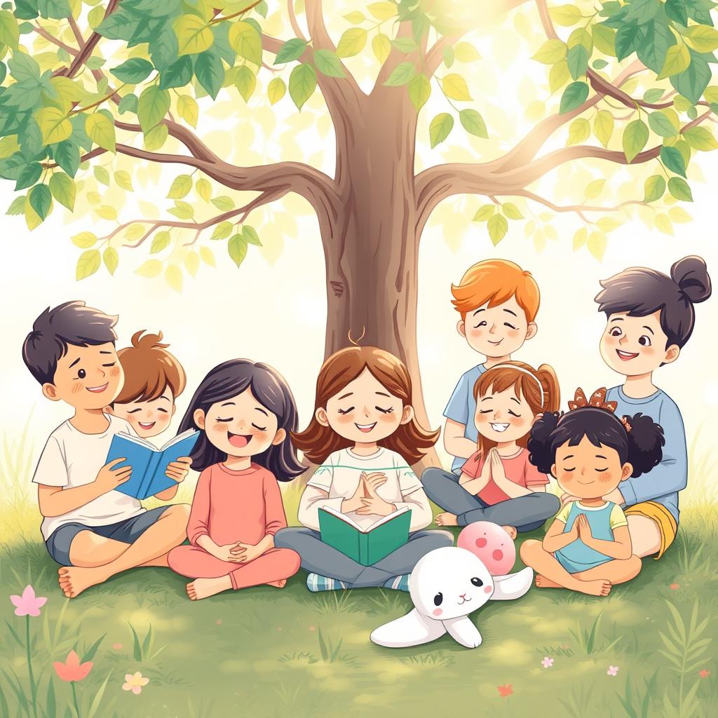 An illustration focusing on mental health for children, depicting a diverse group of kids engaging in a calming outdoor setting
