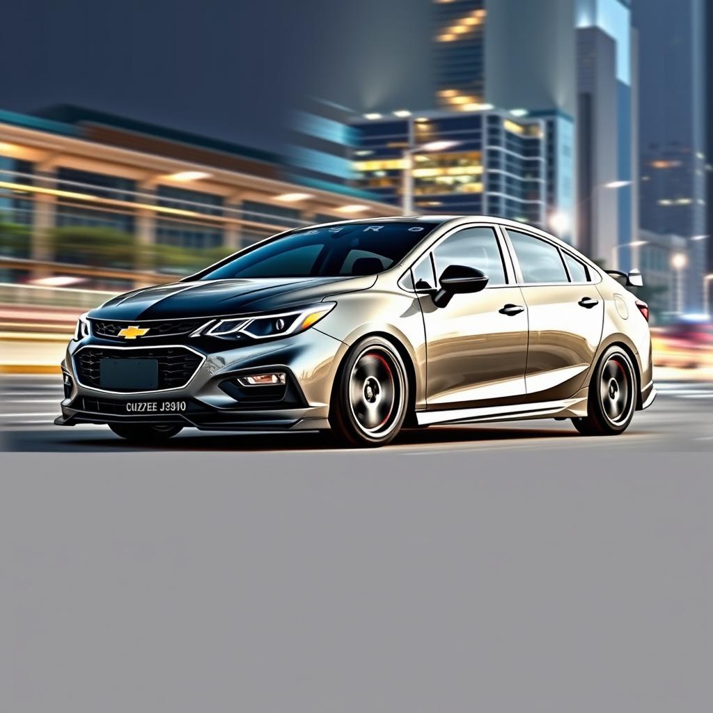 A sleek, grey Chevrolet Cruze J300 sedan with a sport tuning package, showcasing aerodynamic enhancements including a stylish front bumper, side skirts, and a sporty rear diffuser
