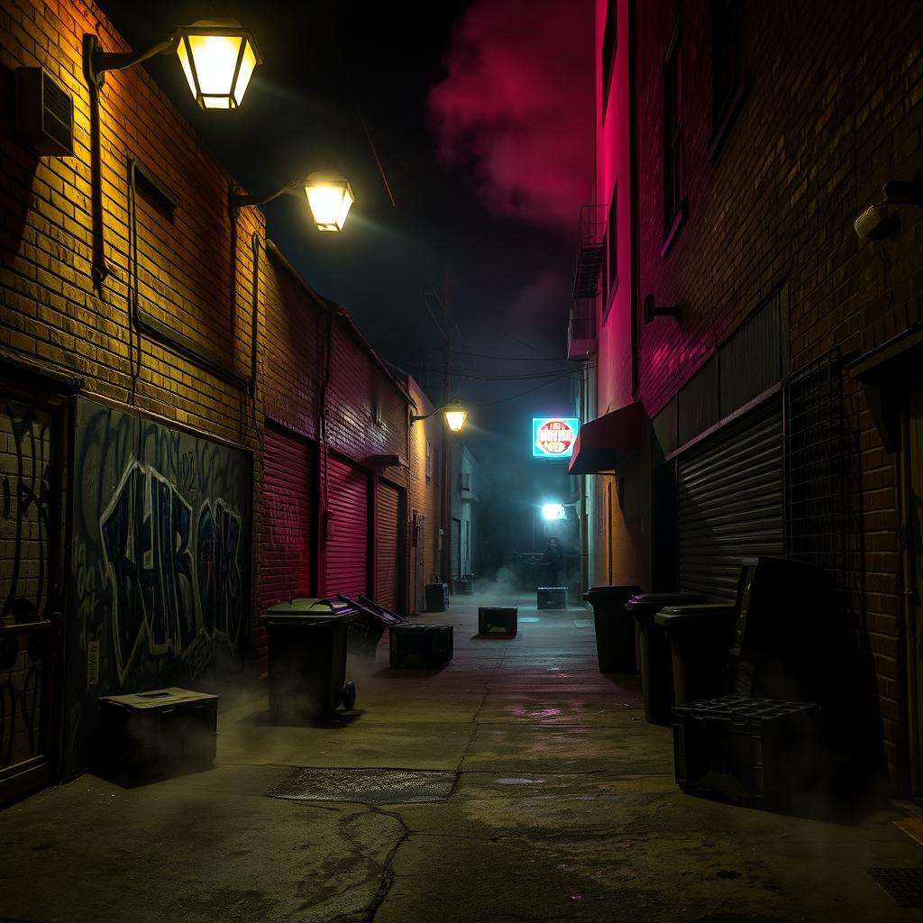 A spooky and atmospheric Los Angeles back alley scene at night, dimly lit by flickering street lamps casting eerie shadows
