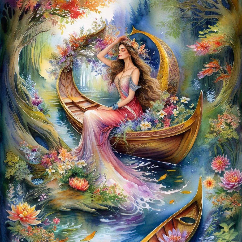 Mystical and spiritual watercolor painting of a beautiful woman sitting inside a royal boat on a beautiful pond in a dense forest with winding trees and a whirlwind of colorful and beautiful flowers.