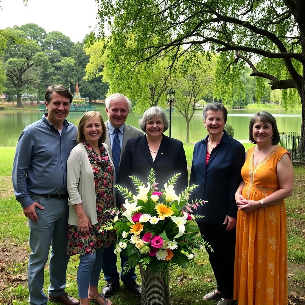 A heartwarming family portrait featuring several family members standing together in a lush green park with trees and a serene lake in the background