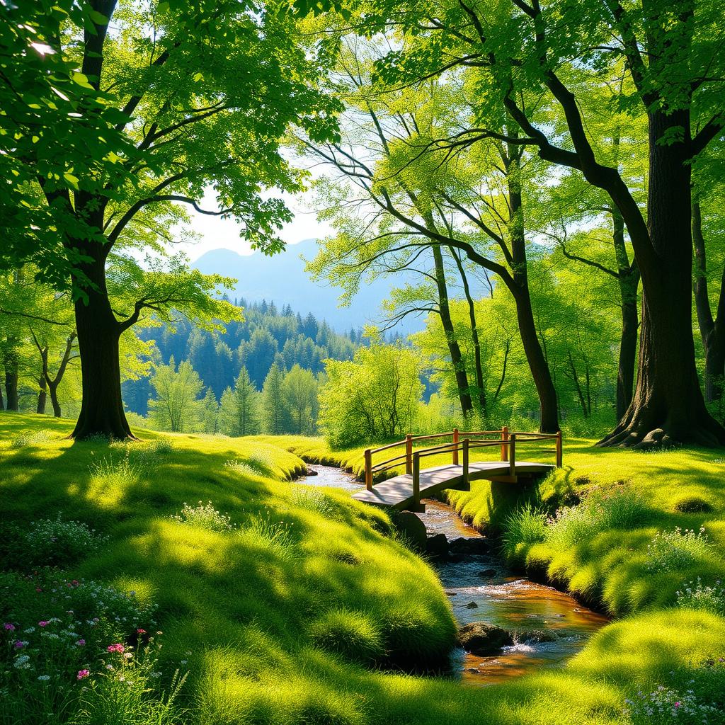 A serene and enchanting forest scene depicting lush green trees with sunlight filtering through the leaves, casting dappled shadows on the forest floor