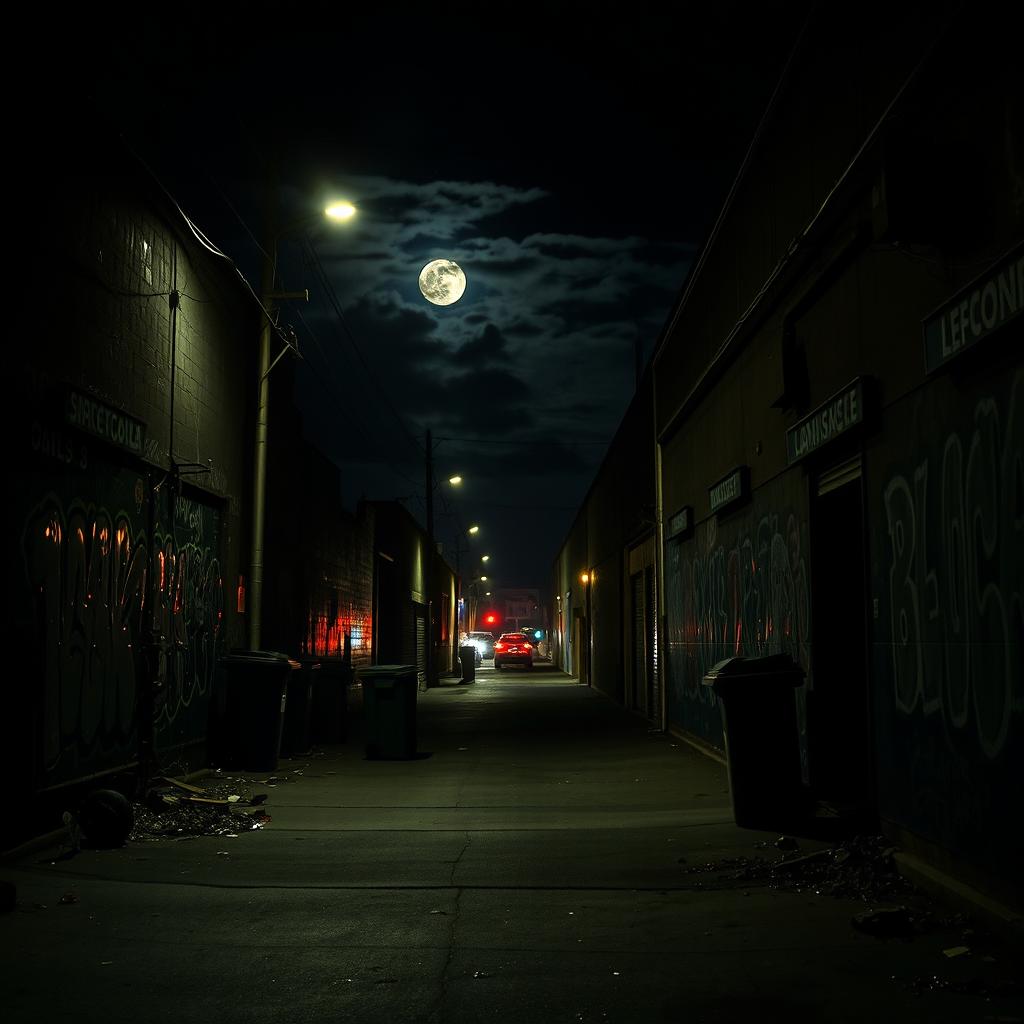 A dark and eerie Los Angeles back alley at night, illuminated by dim streetlights casting long shadows