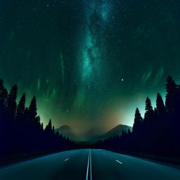 Generate a realistic and enhanced desktop ratio image of a starry night sky shooting over a deserted freeway, fringed by the silhouette of pine trees.