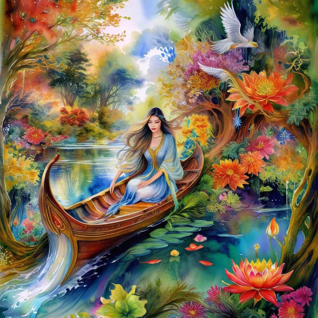 Mystical and spiritual watercolor painting of a beautiful woman sitting inside a royal boat in a beautiful and peaceful pond in a dense forest with winding trees and a whirlwind of colorful and beautiful flowers.