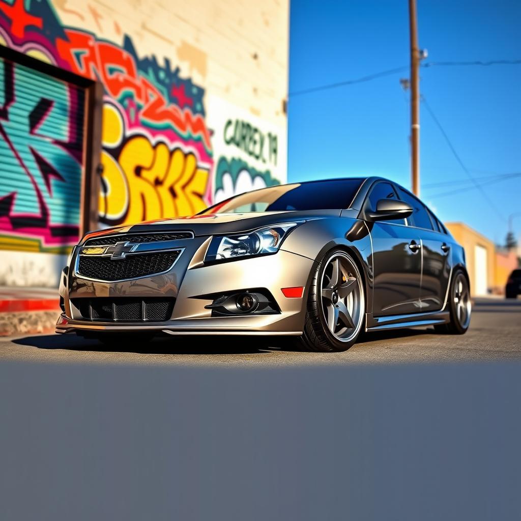 A modified 2008 Chevrolet Cruze sedan in a sleek grey color, showcasing an aggressive sporty look with custom aftermarket body kit, lowered suspension, and performance rims