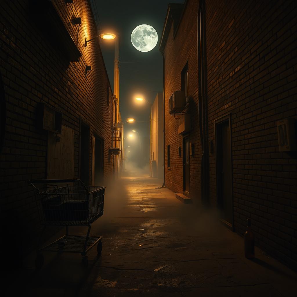 A chilling and eerie depiction of a Los Angeles back alley at night, cloaked in darkness and mystery
