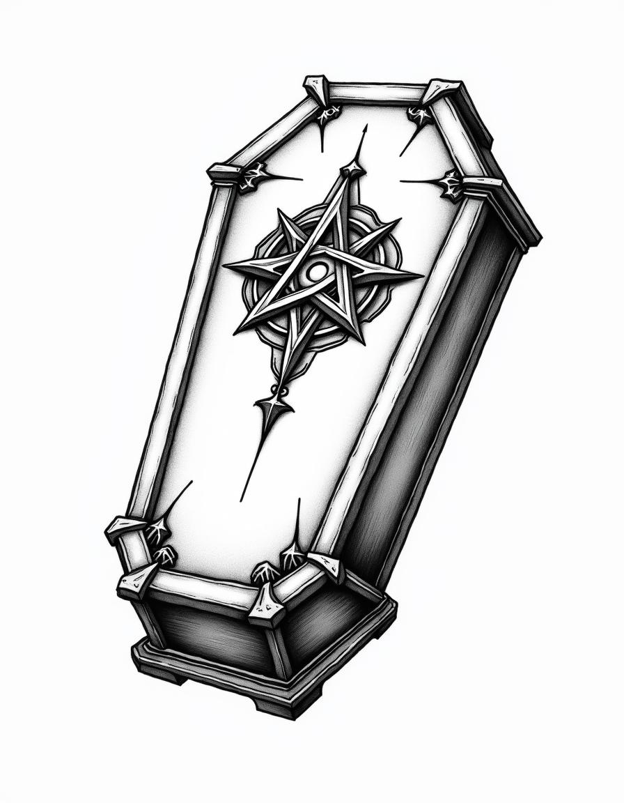 A hand-drawn style coffin featuring a magical symbol intricately designed on its surface, rendered in black and white on a pure white background