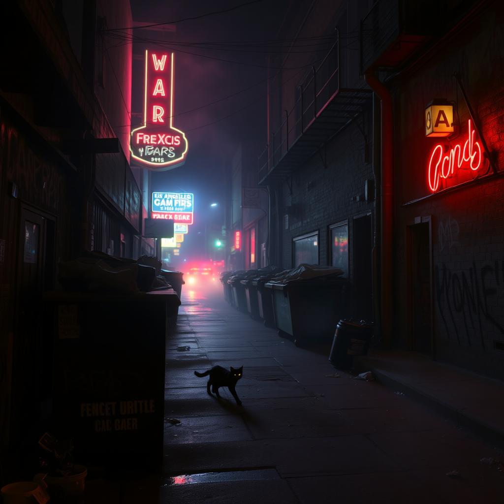 A dark and eerie Los Angeles back alley at night, shrouded in shadows and illuminated by flickering neon lights from distant bars