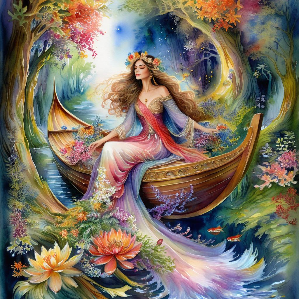 Mystical and spiritual watercolor painting of a beautiful woman sitting inside a royal boat in a beautiful and peaceful pond in a dense forest with winding trees and a whirlwind of colorful and beautiful flowers.