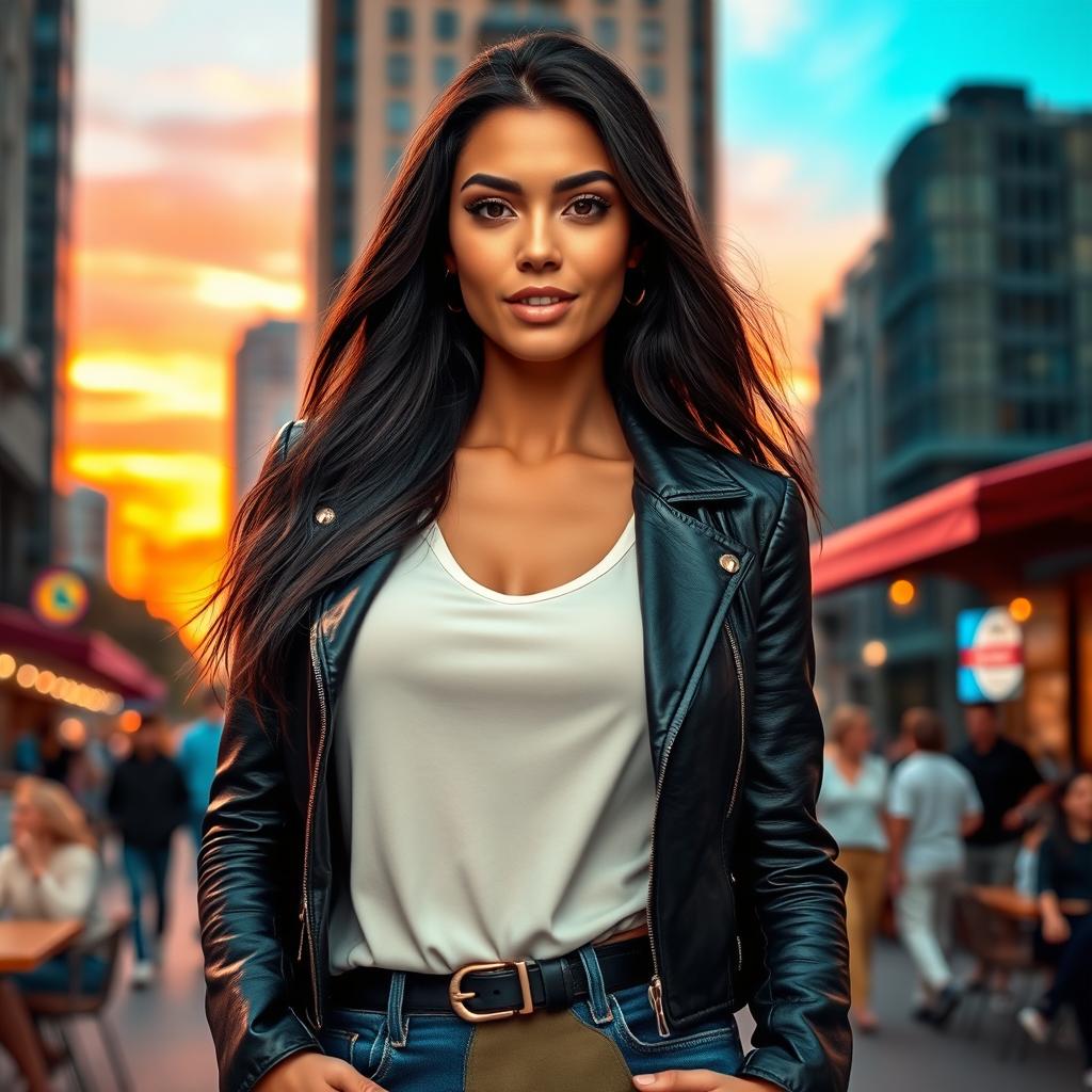 A hyper-realistic portrait of a confident woman with long, flowing dark hair, wearing a stylish black leather jacket and a chic white top