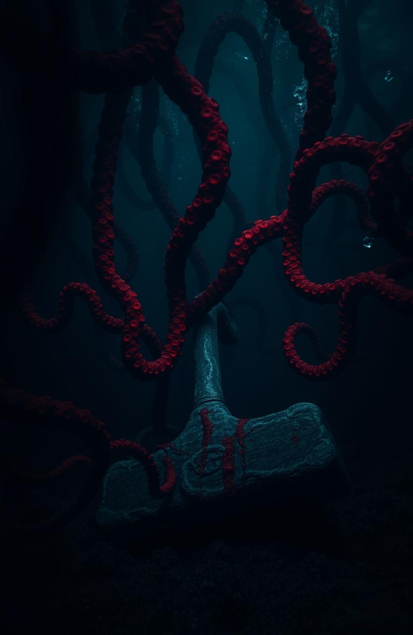 A dark, eerie underwater scene featuring an ominous, chaotic environment
