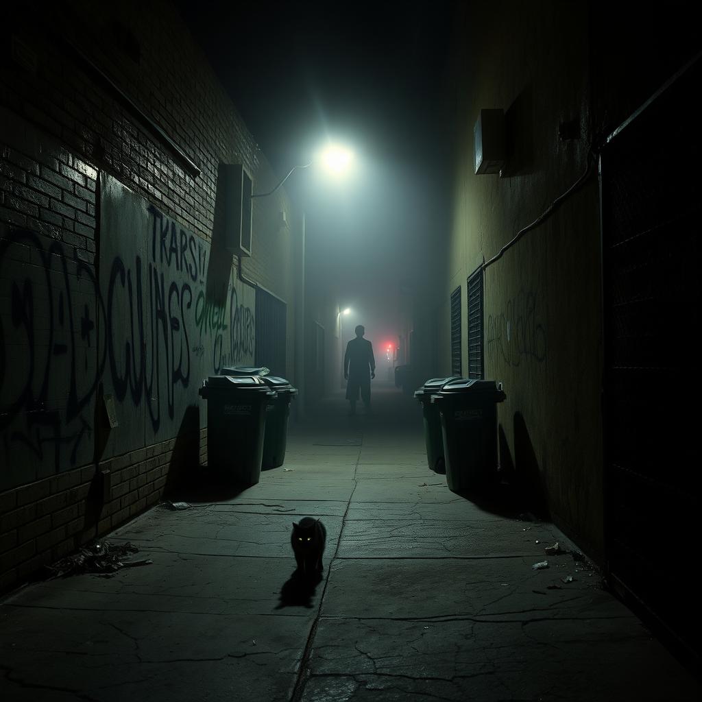A dark and eerie Los Angeles back alley at night, illuminated by a dim flickering streetlight casting long shadows on the cracked pavement