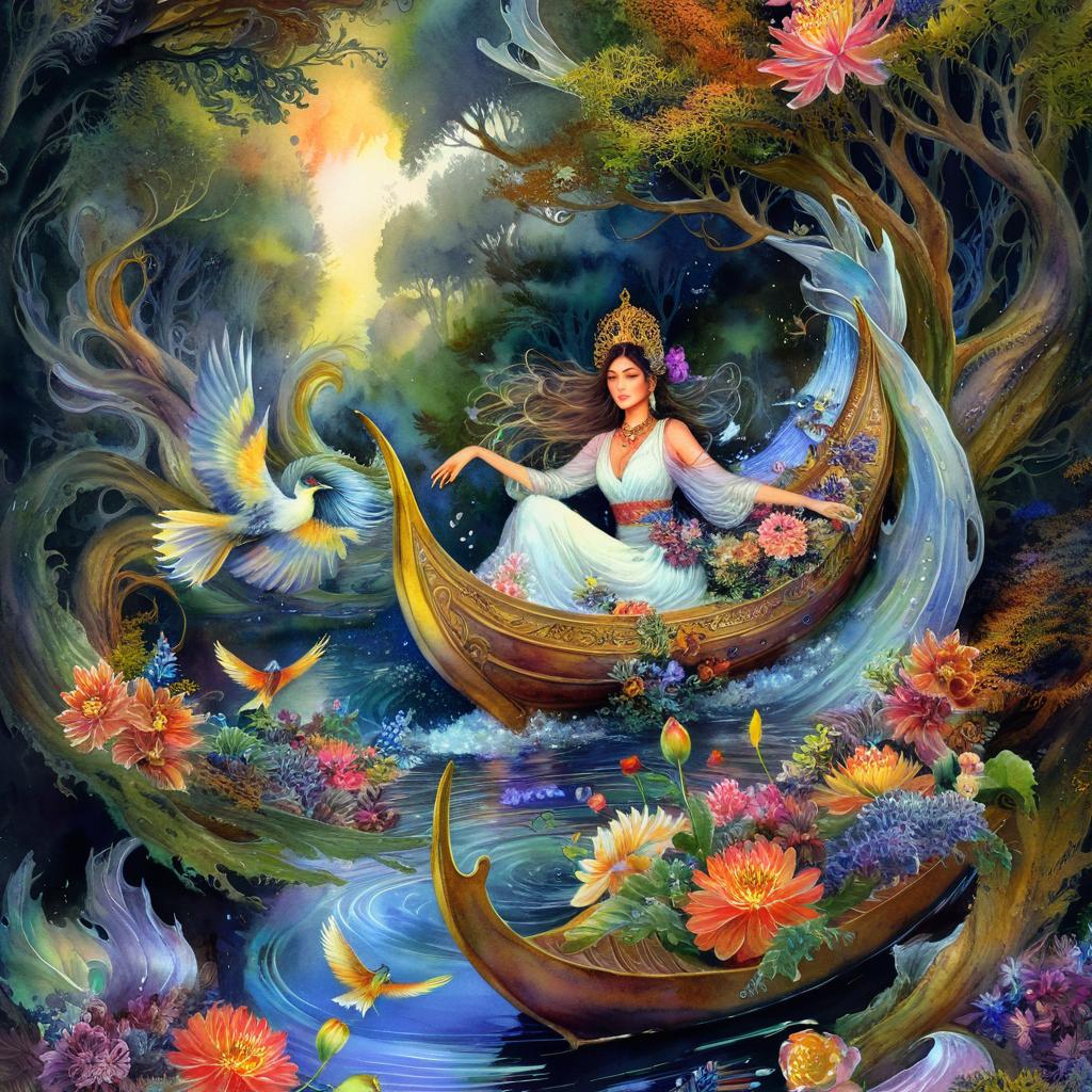 Mystical and spiritual watercolor painting of a beautiful woman sitting inside a royal boat in a beautiful and peaceful pond in a dense forest with winding trees and a whirlwind of colorful and beautiful flowers.