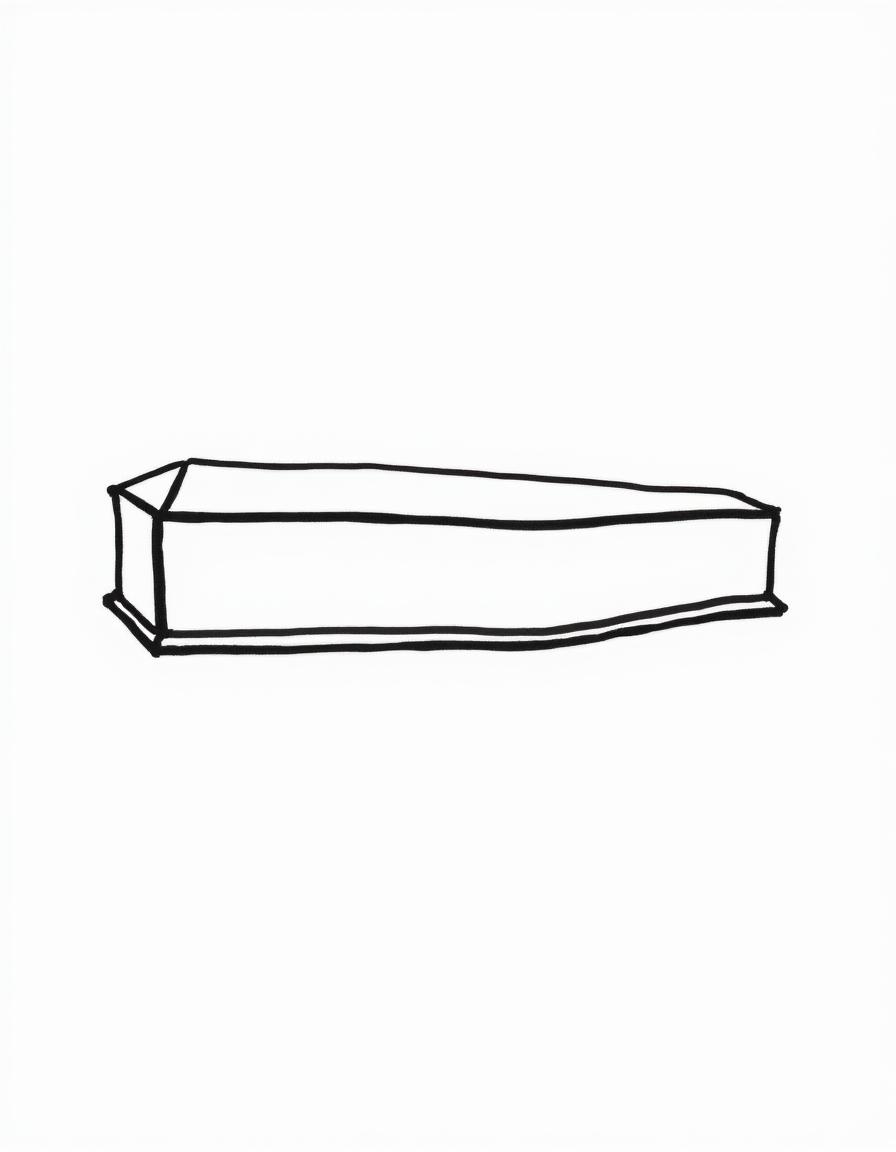 A simple, hand-drawn horizontal coffin depicted in black and white on a pure white background