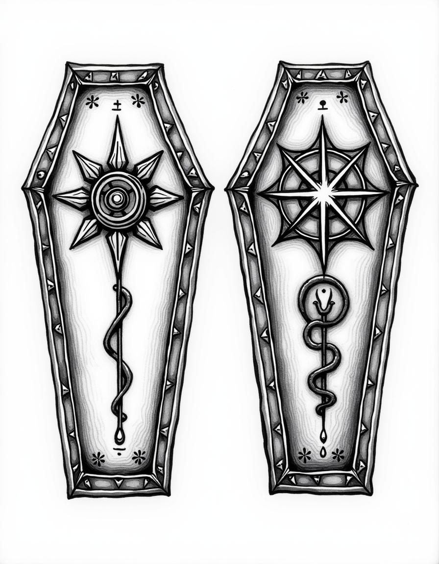 Two hand-drawn style coffins, each featuring distinct magical symbols intricately designed on their surfaces, rendered in black and white on a pure white background