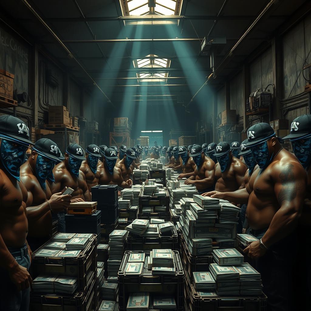 A tense scene inside a large, dimly lit drug warehouse bustling with muscular African American gang members
