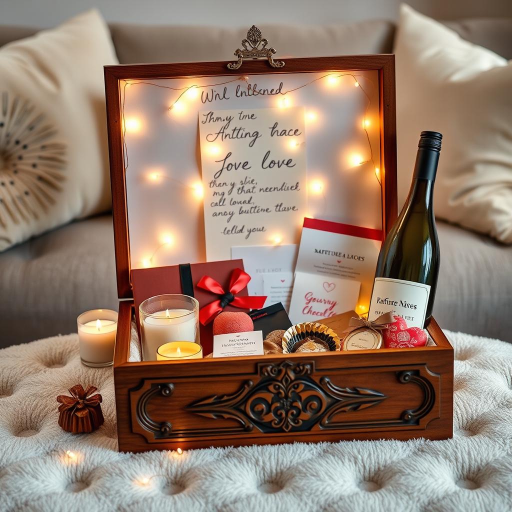 A beautifully designed date box, filled with romantic items such as candles, handwritten love notes, gourmet chocolates, and a bottle of wine