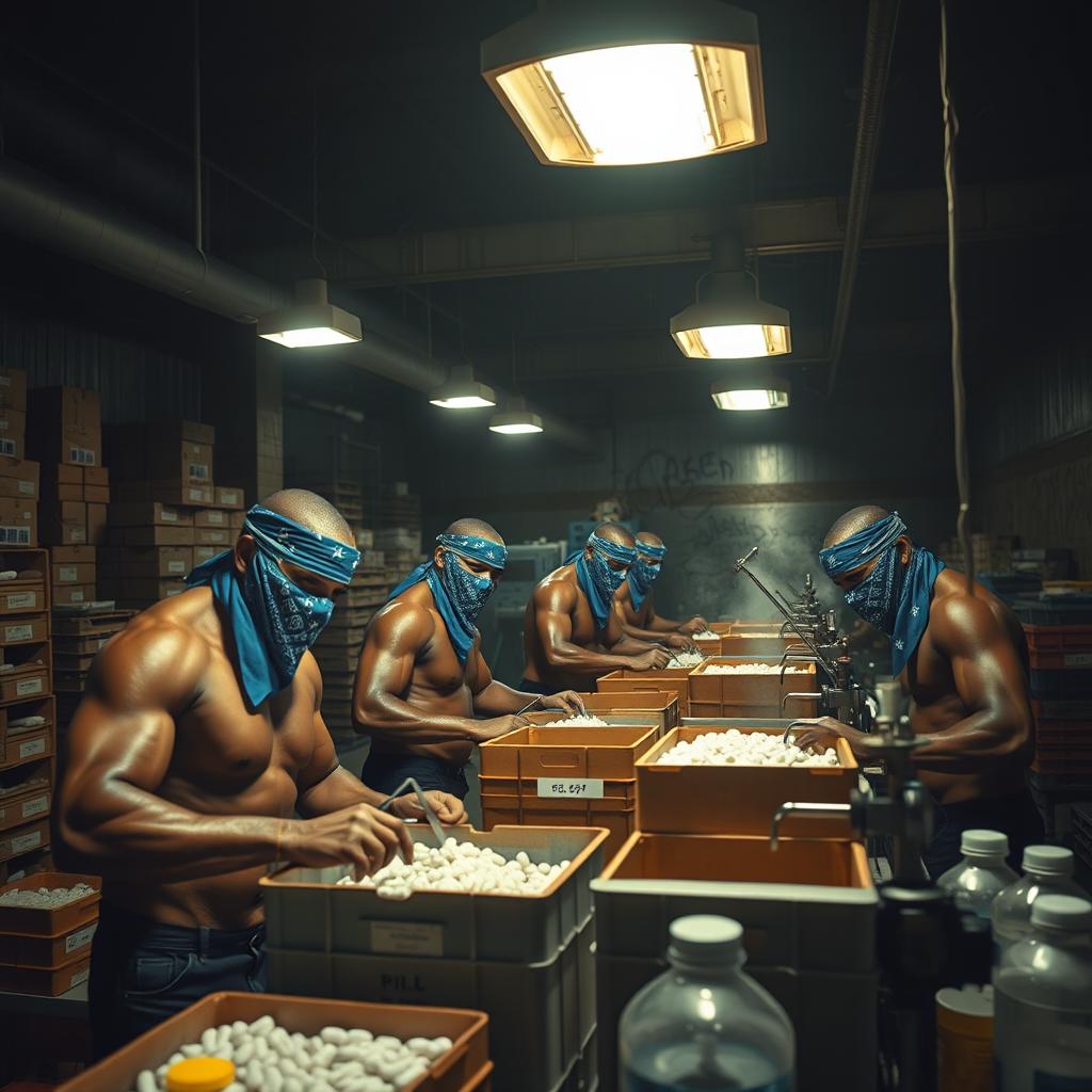 A dynamic scene in a large, dimly lit criminal drug warehouse where muscular African American gang members are engaged in making pills