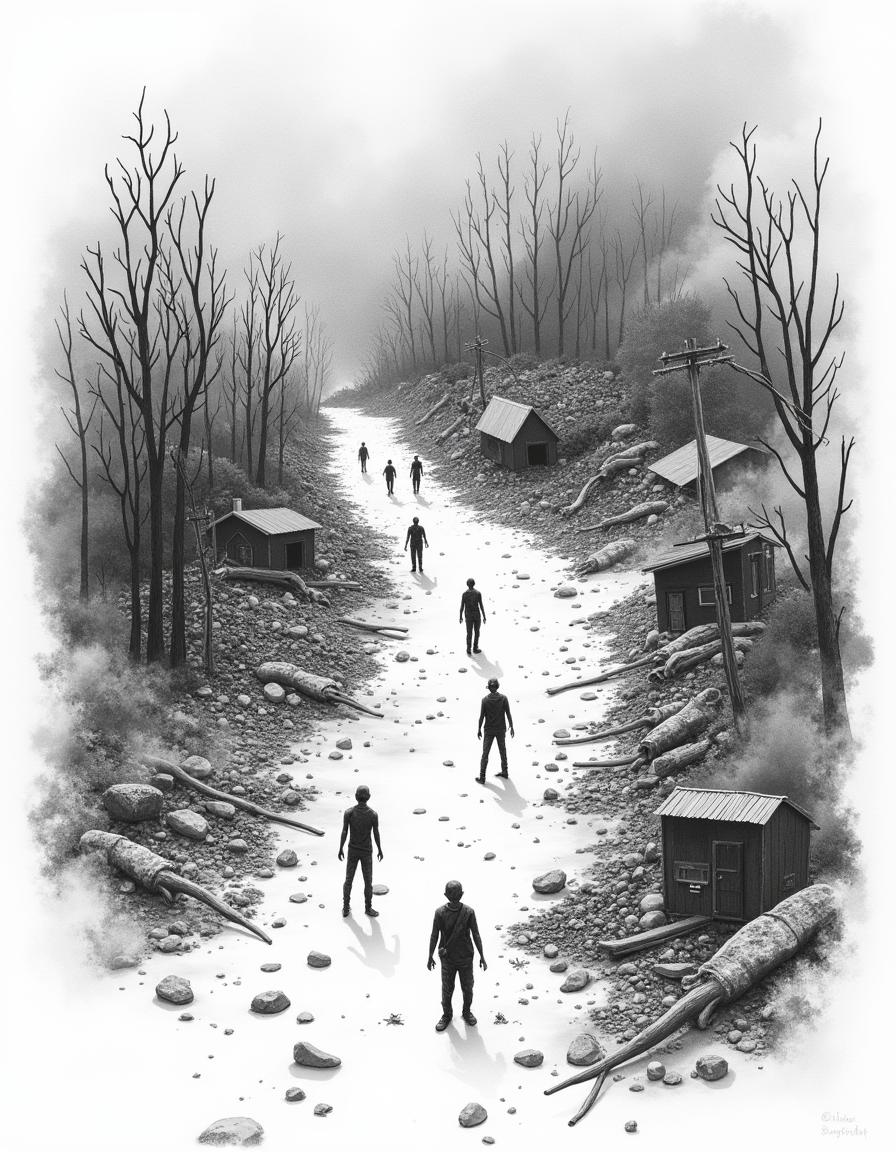 An aerial view of a fire-devastated area featuring lifeless figures scattered throughout, designed to appear like a hand-drawn illustration, rendered in black and white against a white background