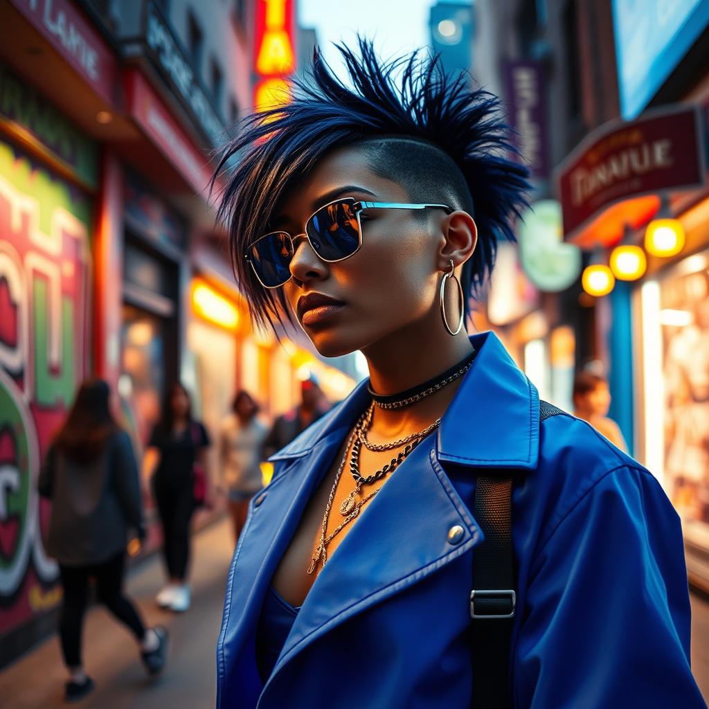 A captivating scene featuring a person dressed in a striking blue outfit, standing confidently in a vibrant urban setting