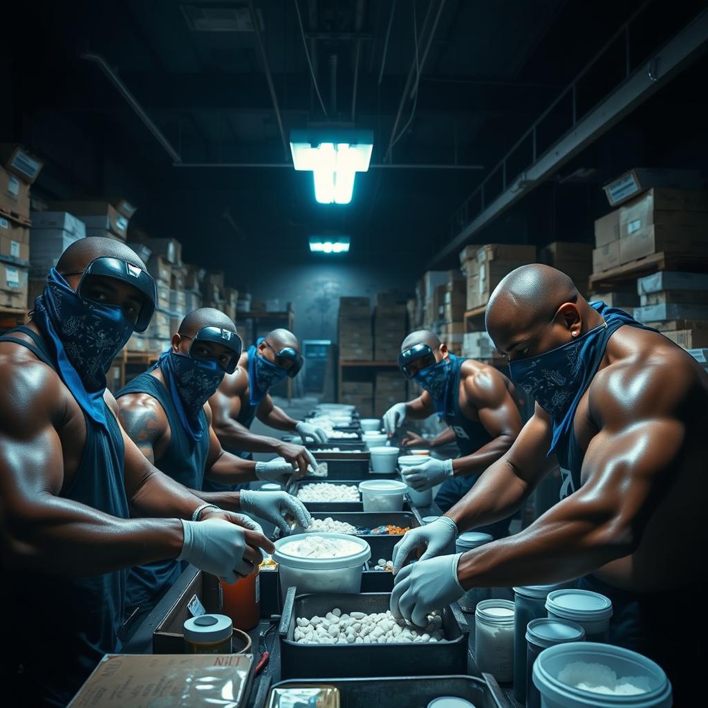 A high-energy scene in a large, dimly lit criminal drug warehouse where muscular African American gang members are actively engaged in the process of pill production