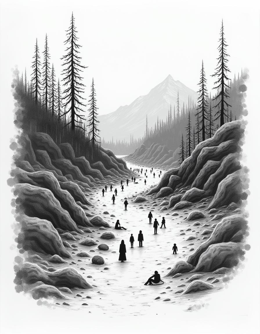 An aerial view of a mountainous area devastated by fire, with lifeless figures scattered on the ground, designed to appear as a hand-drawn illustration, rendered in black and white against a white background