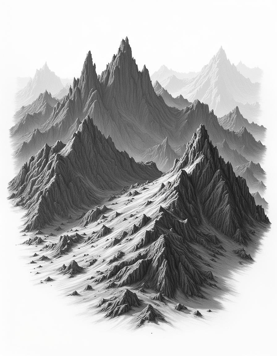 An aerial view of a mountainous area devastated by fire, designed to look like a hand-drawn illustration, rendered in black and white against a white background