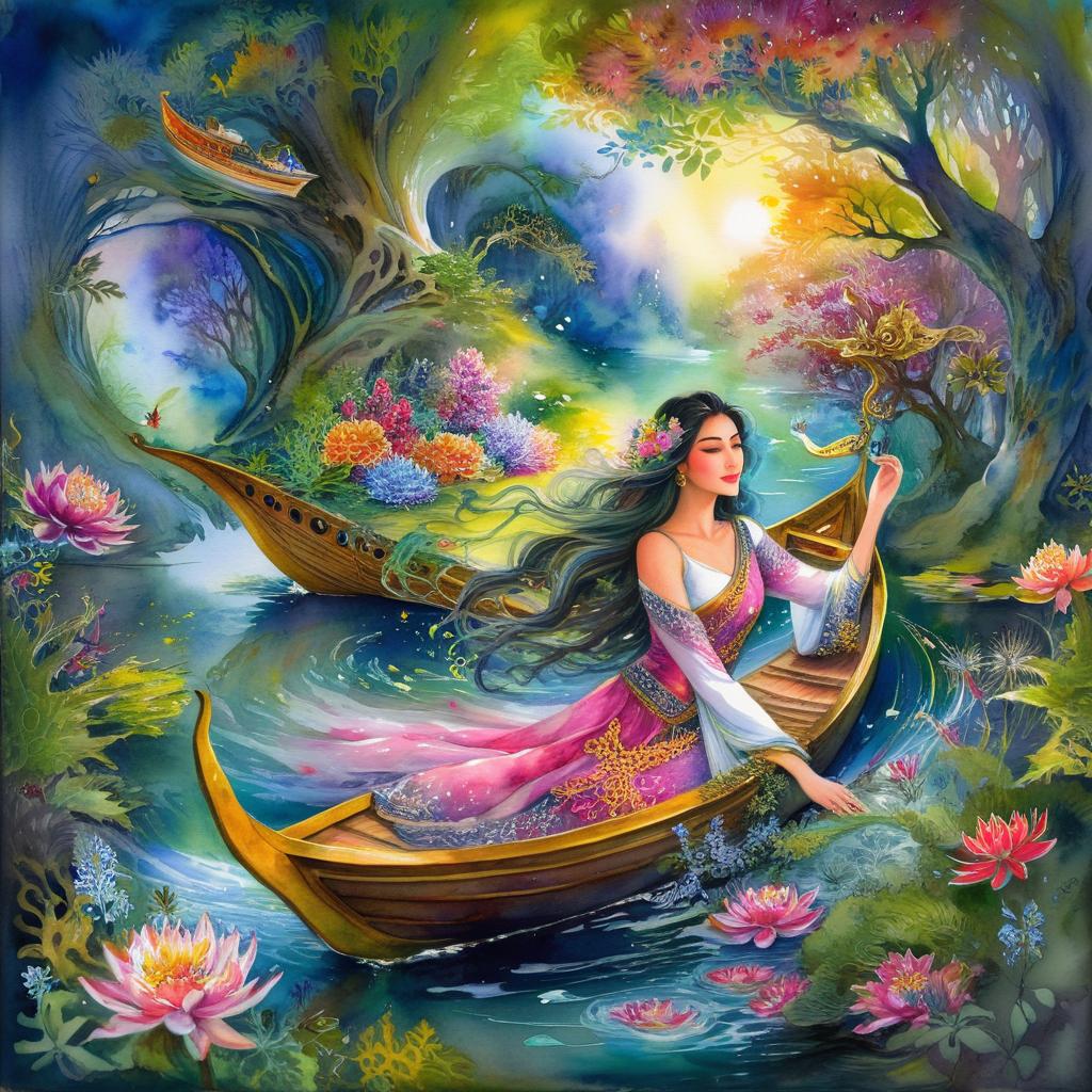 Mystical and spiritual watercolor painting of a beautiful woman sitting inside a royal boat in a beautiful and peaceful pond in a dense forest with winding trees and a whirlwind of colorful and beautiful flowers.