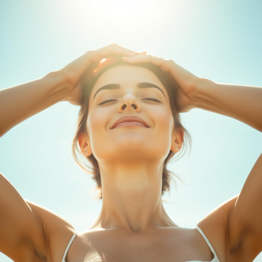 A natural photograph of a woman from the waist up, holding her head high with closed eyes, her face expressing a serene smile that is subtly ambiguous