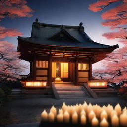 A high-detailed, realistic image of a Japanese temple at night, illuminated by numerous candles and providing a holistic view.