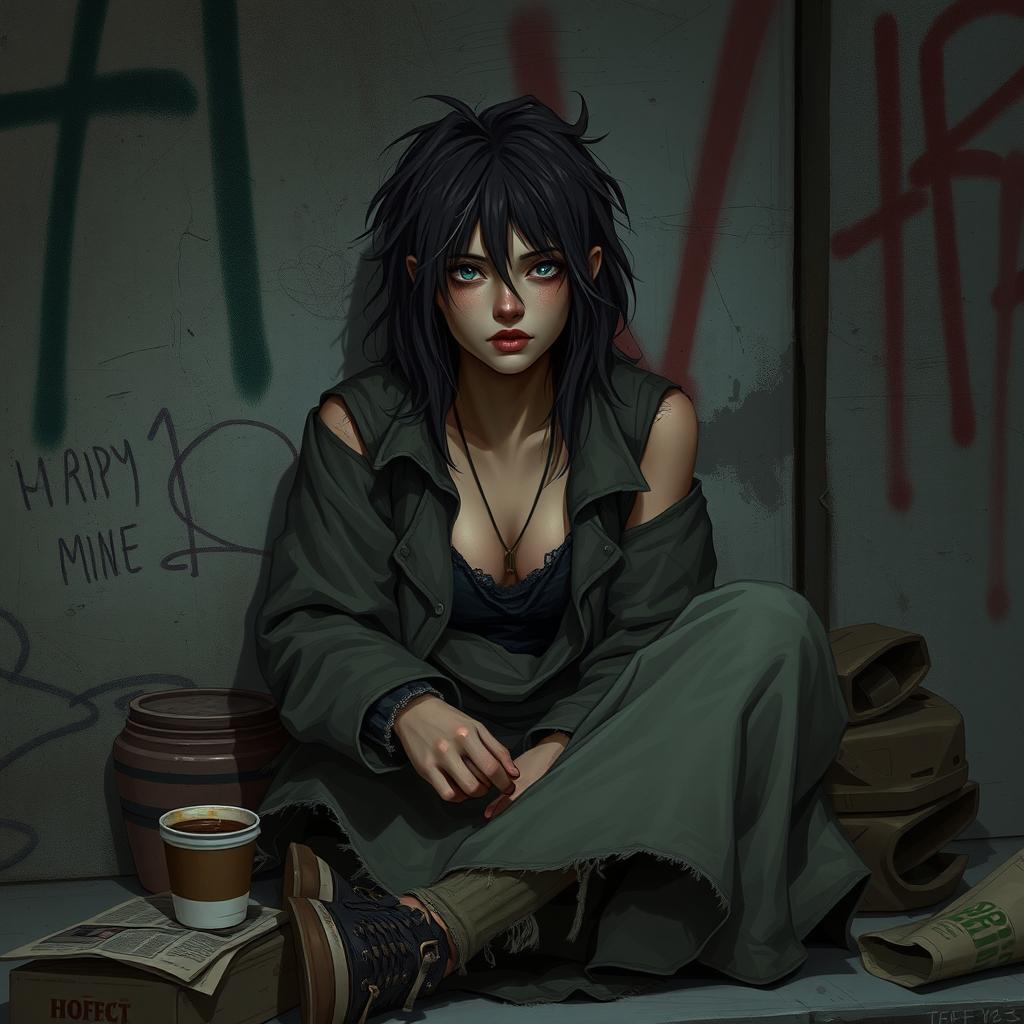 A concept art of a female homeless character inspired by traits of a young woman, set in an urban environment