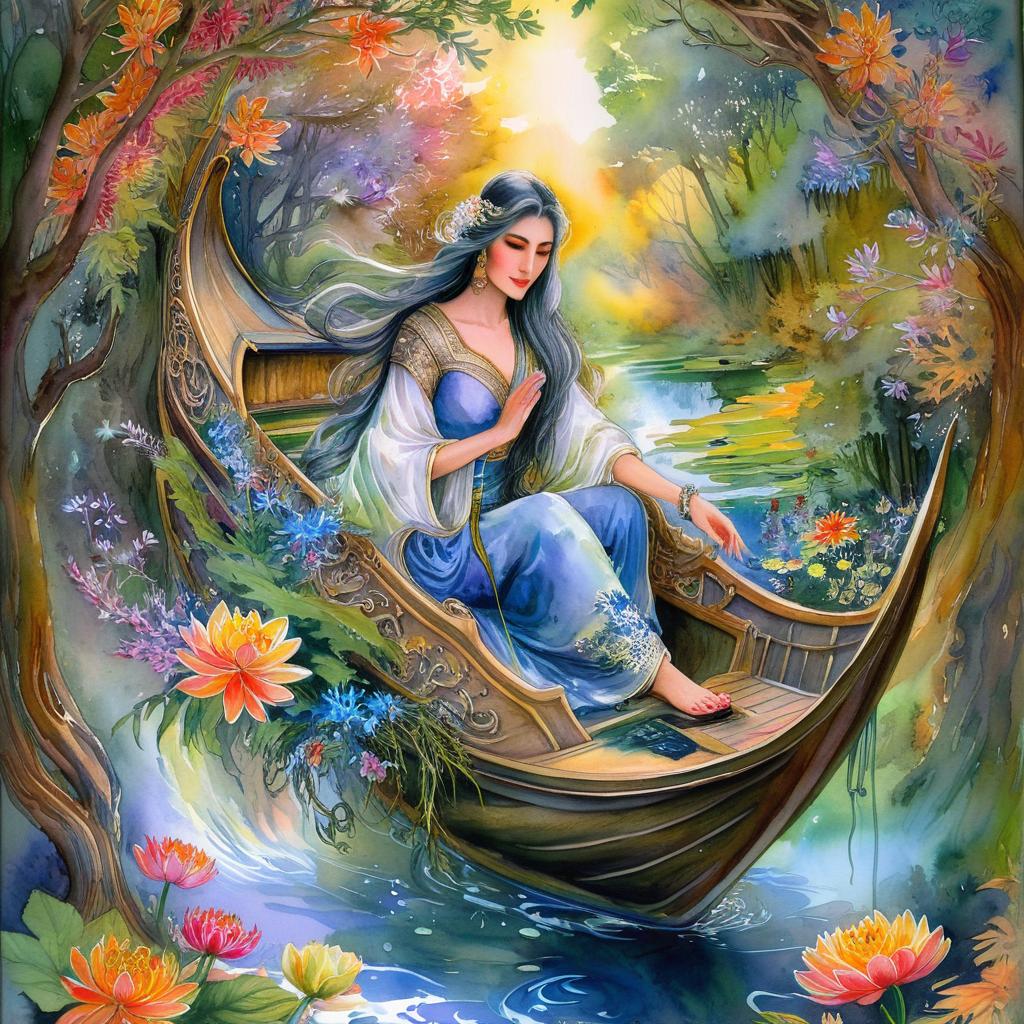 Mystical and spiritual watercolor painting of a beautiful woman sitting inside a royal boat in a beautiful and peaceful pond in a dense forest with winding trees and a whirlwind of colorful and beautiful flowers.