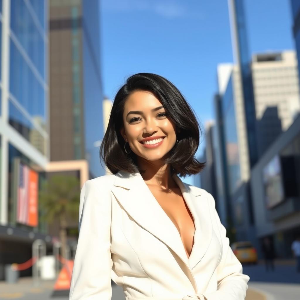 A confident person wearing a stylish white outfit, standing in an urban environment