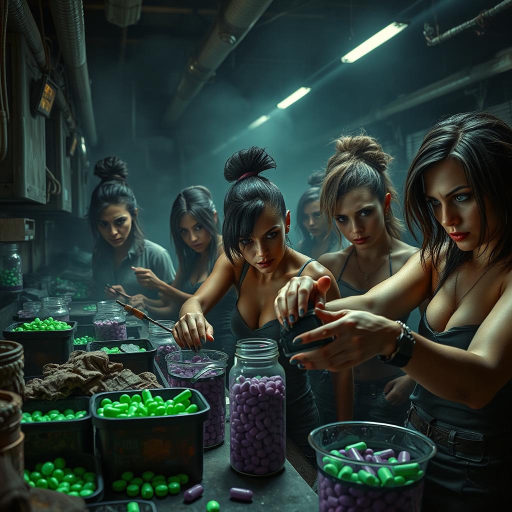 A group of menacing women of various races, each showcasing unique features and a fierce demeanor, collaborating in a large, dirty, and dimly lit criminal warehouse