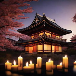 A high-detailed, realistic image of a Japanese temple at night, illuminated by numerous candles and providing a holistic view.