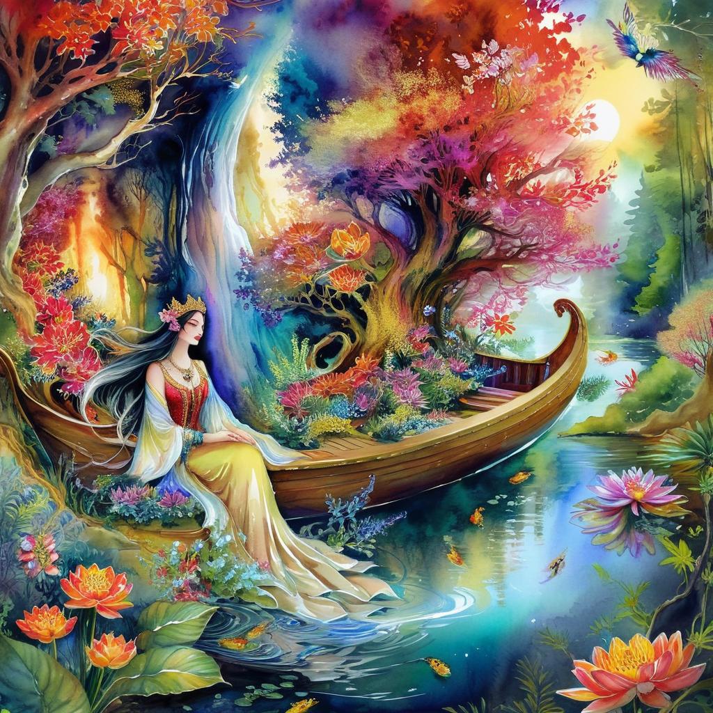 Mystical and spiritual watercolor painting of a beautiful woman sitting inside a royal boat in a beautiful and peaceful pond in a dense forest with winding trees and a whirlwind of colorful and beautiful flowers.