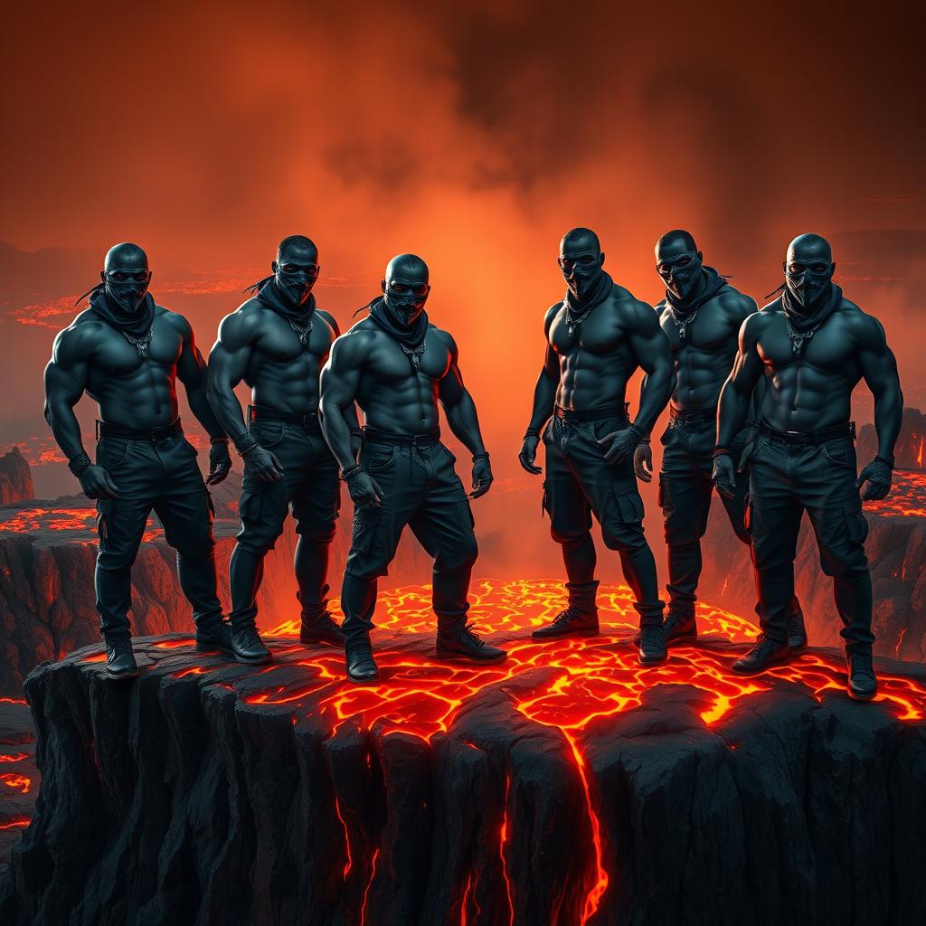 A group of muscular black gang members, their faces partially concealed by blue bandana face masks, stand confidently on the edge of a jagged cliff overlooking a lake of bubbling lava