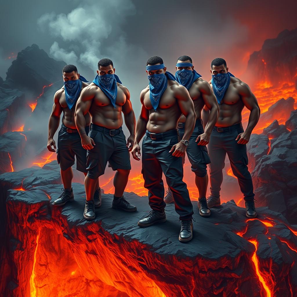 A group of African American muscular gang members, their faces partially hidden by blue bandana face masks, stand imposing on the edge of a rugged cliff overlooking a molten lava flow