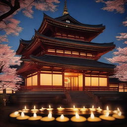 A high-detailed, realistic image of a Japanese temple at night, illuminated by numerous candles and providing a holistic view.