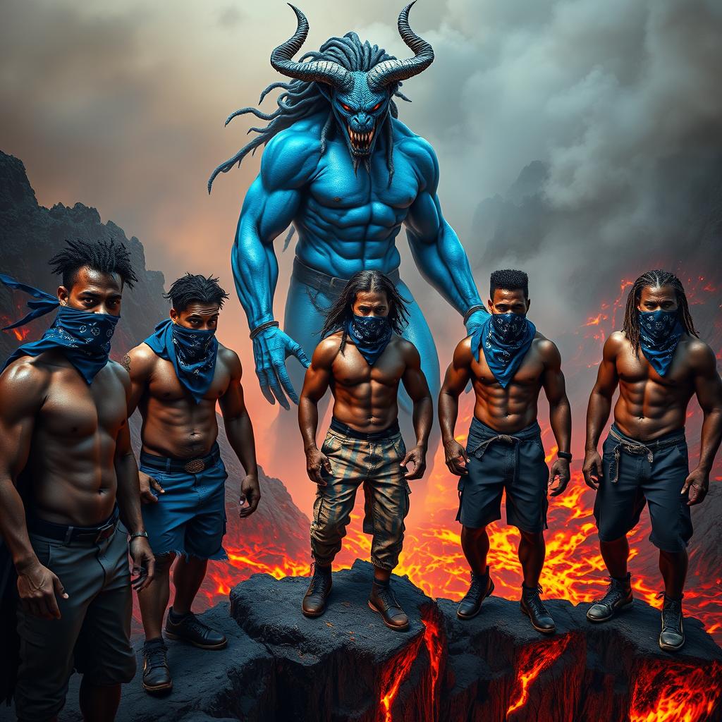 A group of African muscular gang members, their faces partially concealed by blue bandana face masks, stand fiercely on the edge of a rugged cliff overlooking a churning sea of molten lava