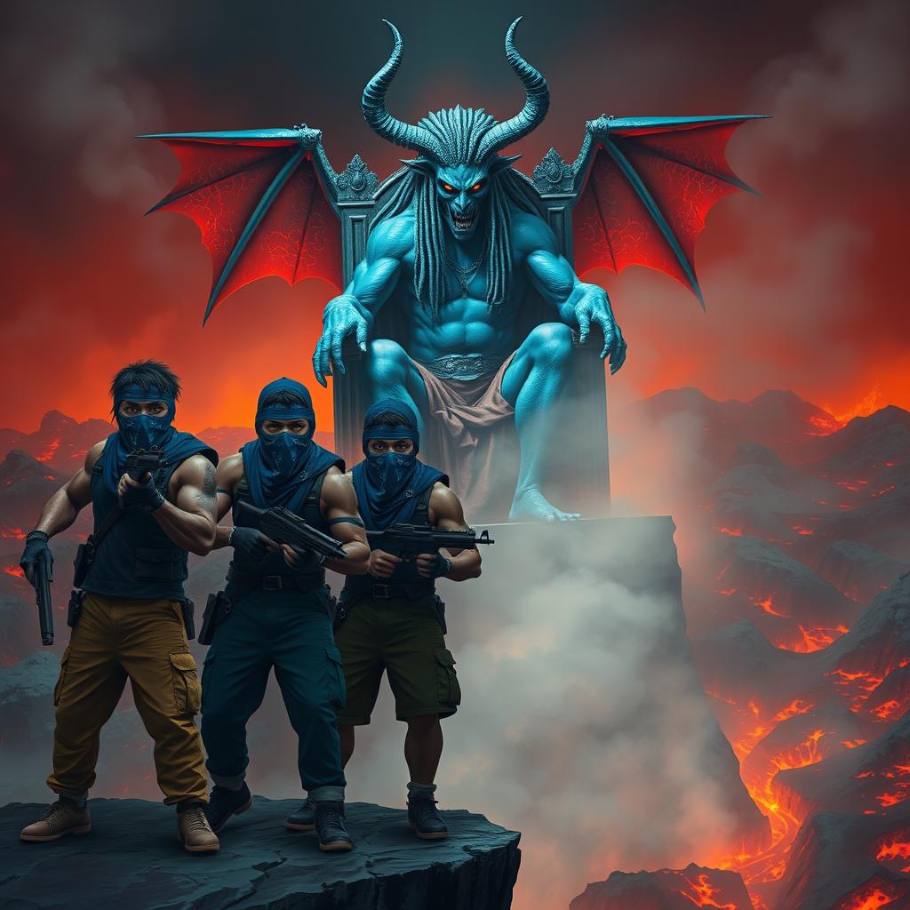 A group of African muscular gang members, their faces concealed by blue bandana face masks, stand assertively on the edge of a jagged cliff overlooking a molten lava landscape, brandishing guns with fierce determination